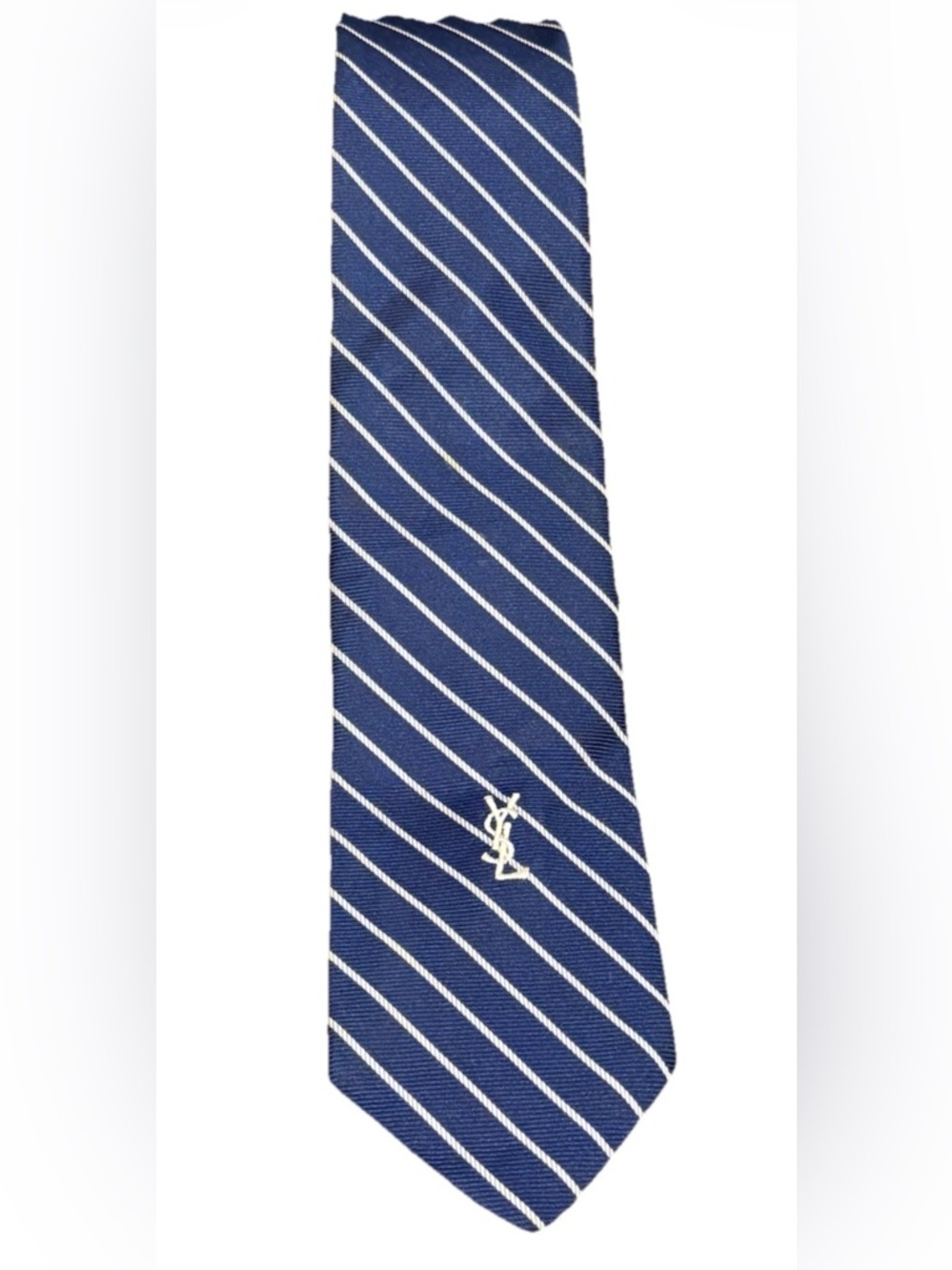 Yves Saint Laurent YSL Silk Repp Stripe Tie Navy Ivory 1970s Vintage Monogram